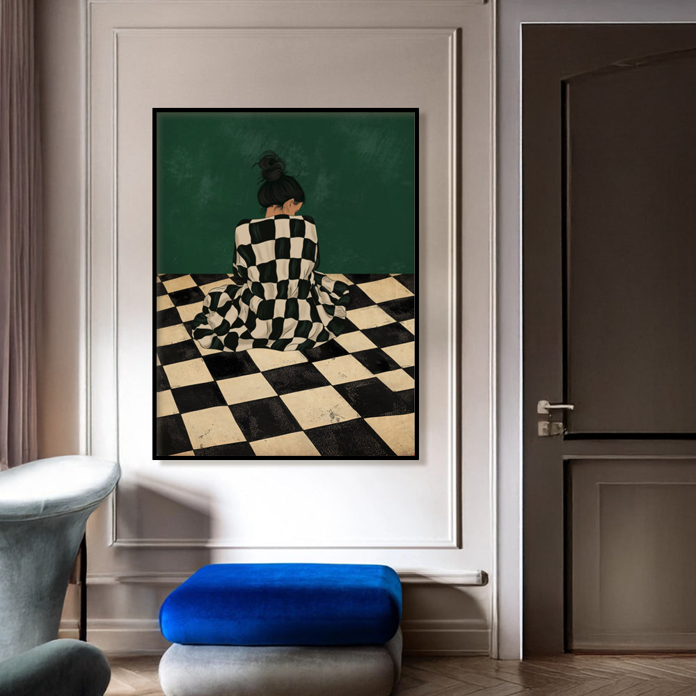 The Quiet Corner — Figurative Checkerboard Abstract Art Print | Canvas Painting for Wall | Wall Decor | Wall Painting