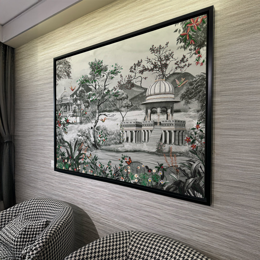 Royal Bagh with Embroidery Mixed Media Canvas Wall Artwork