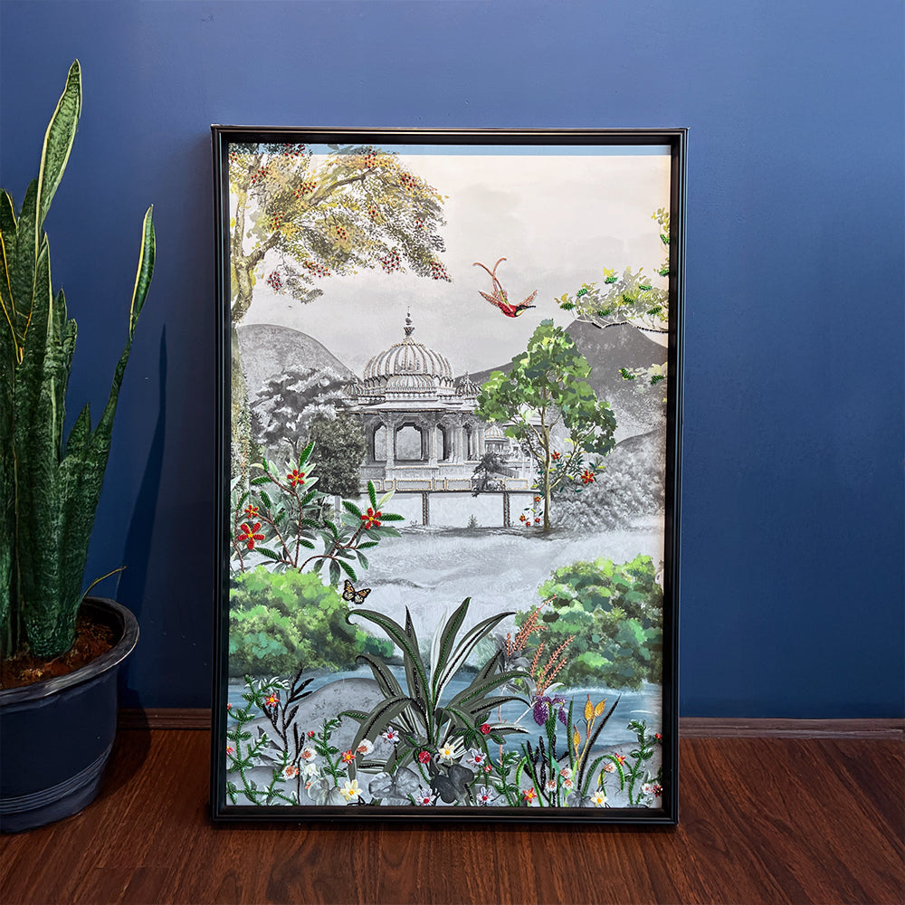 Royal Bagh with Embroidery Set of 3 Mixed Media Canvas Wall Artwork