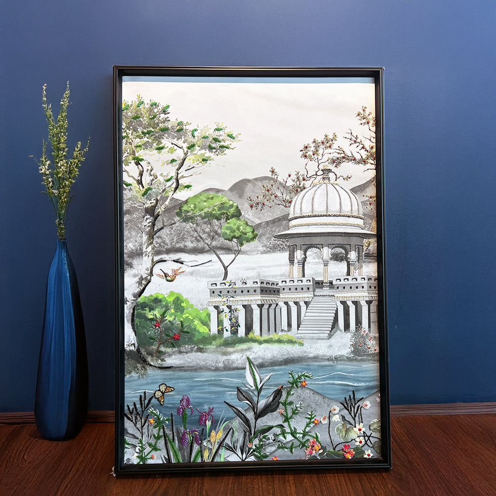 Royal Bagh with Embroidery Set of 3 Mixed Media Canvas Wall Artwork