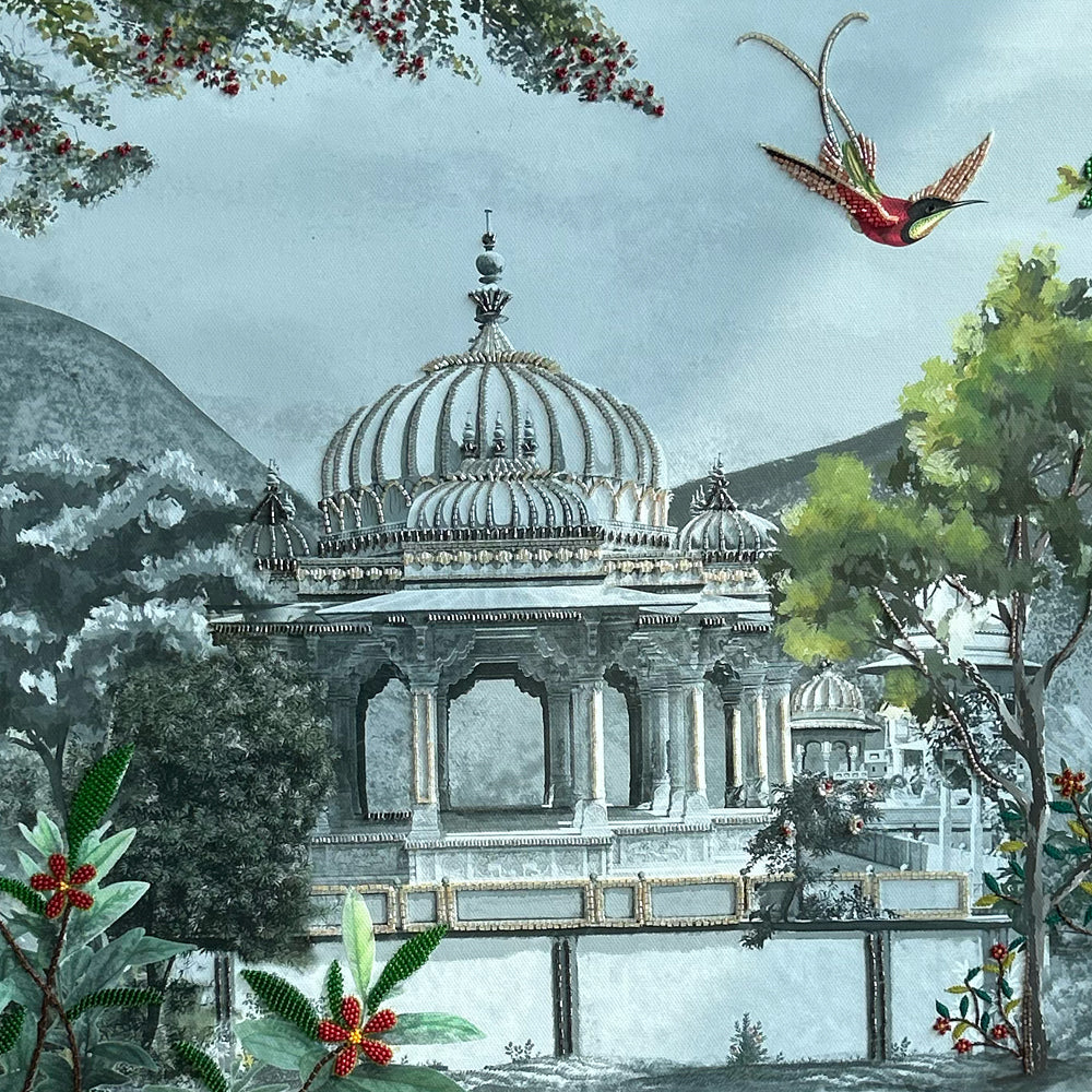 Royal Bagh with Embroidery Set of 3 Mixed Media Canvas Wall Artwork