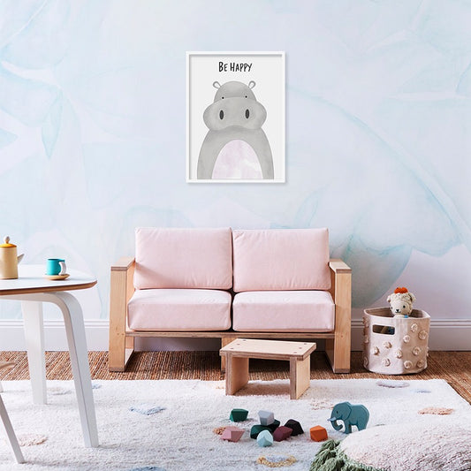 Watercolour Hippo Wall Art Canvas Print for Kids Room