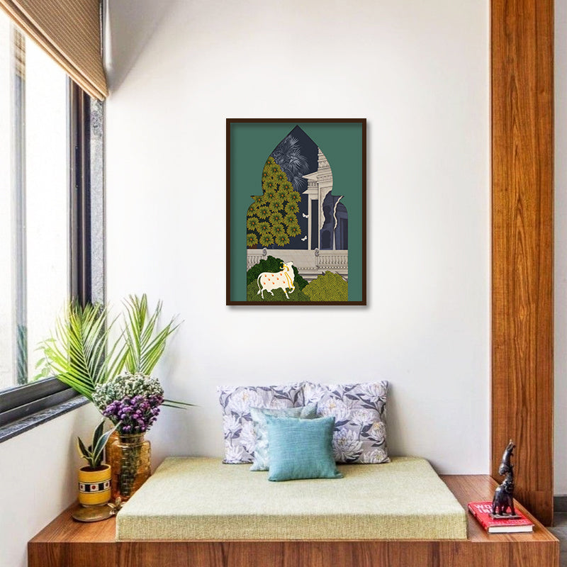 Pichwai Garden 4 Traditional Artwork Canvas Print for Wall shown in a room